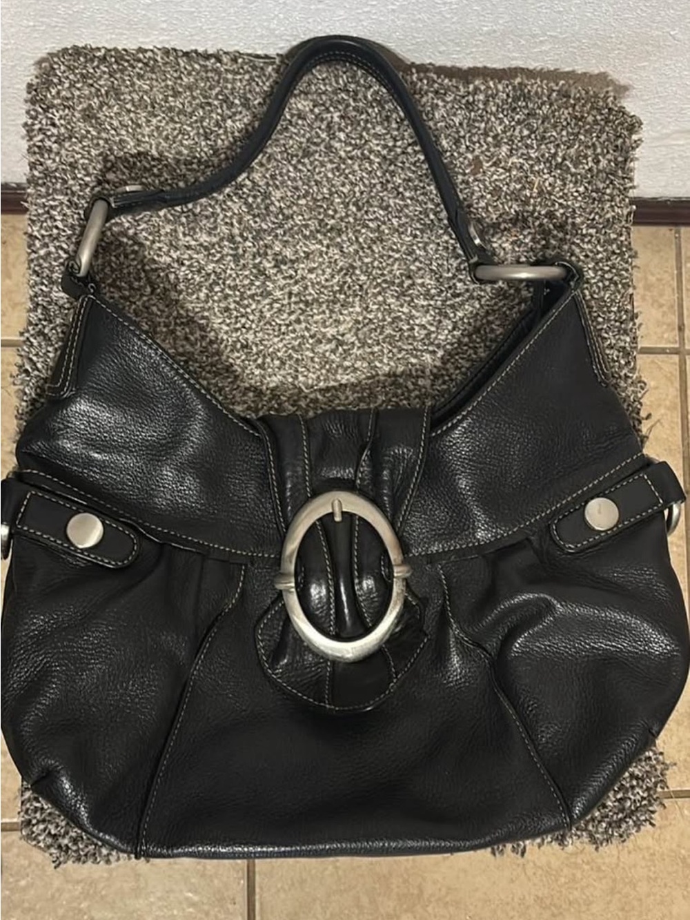 Black Leather Shoulder Bag with Oval Silver Buckle